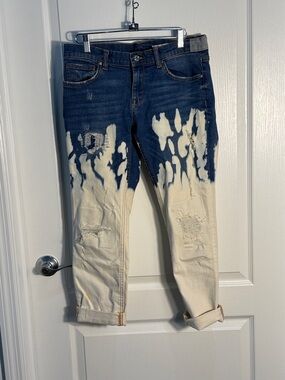 Zara Woman Dip-Dye Two-Tone Distressed Cropped Jeans - Blue and Cream Size 6